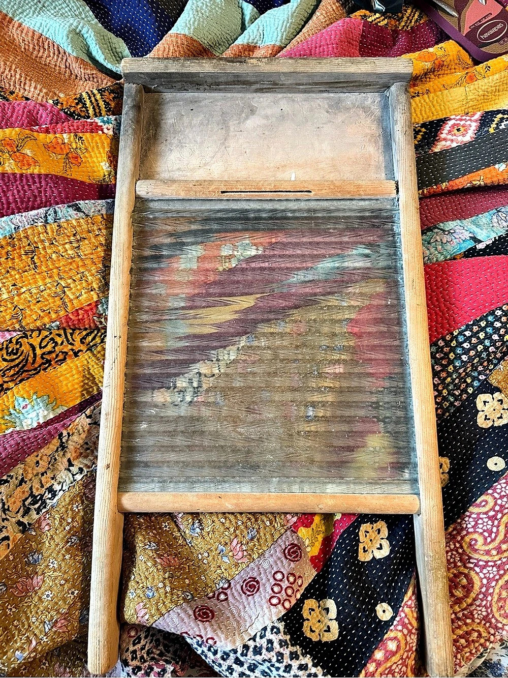Vintage Wooden Woven Textile Tool in Brown Multicolor